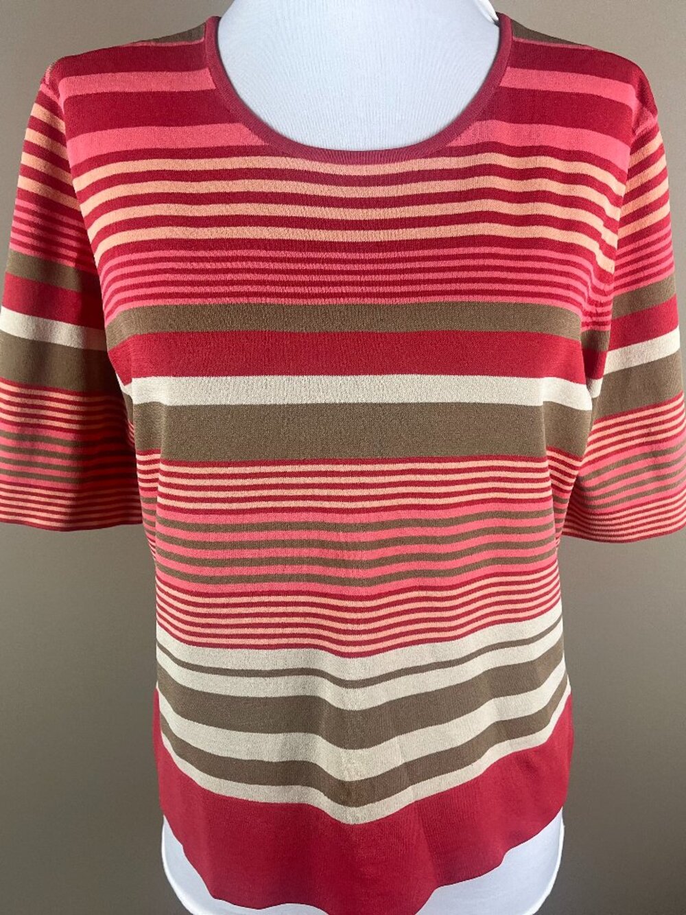 Talbots Short Sleeve Sweater Petite Size L Red Pink Orange Tan, Stripes